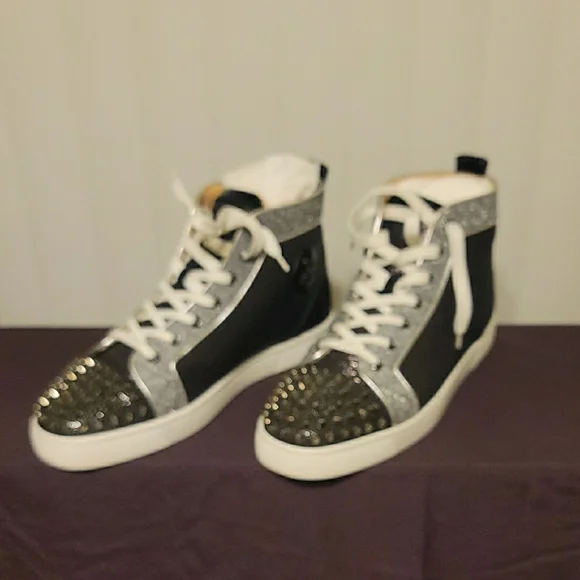 Christian Louboutin Black and Gray Spiked Sneakers